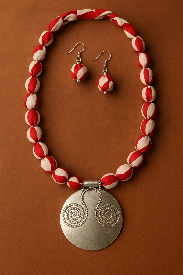 Hand Block printed Red & White Fabric Necklace Set with Round Spiral Pendant