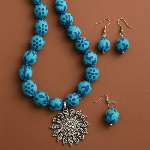 Hand Block printed Blue Fabric Bead Necklace Set with Radiant Silver Sun Pendant