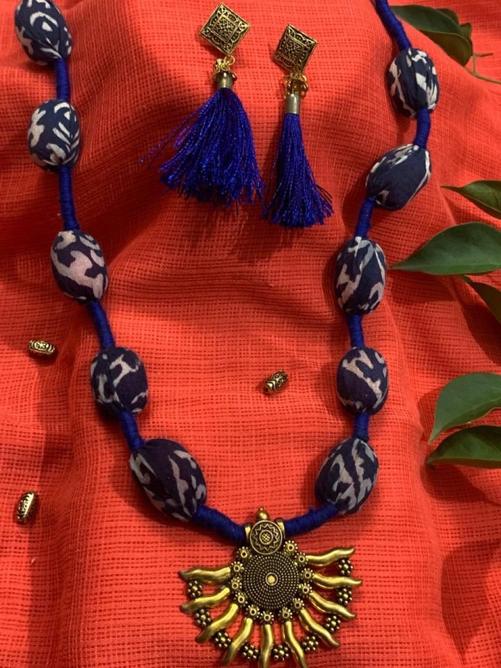 Blue and Golden Colored Pendant Textile Jewellery
