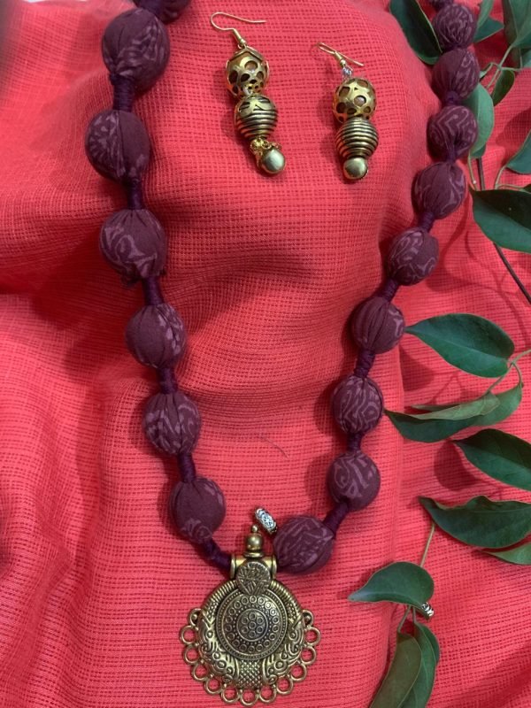 Mehroon and Golden Colored Pendant Textile Jewelry