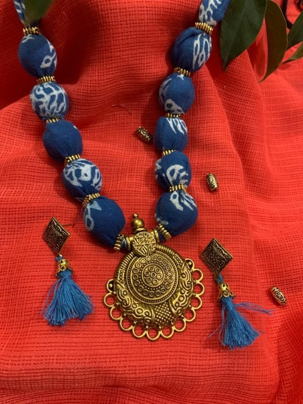 Indigo print with Golden Pendant Textile Jewelry