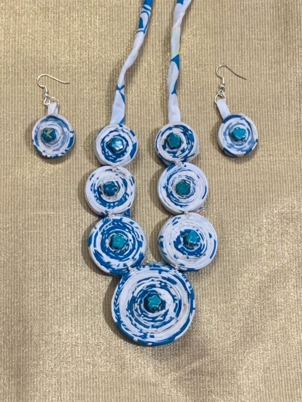 Blue print coiled Textile Jewelry